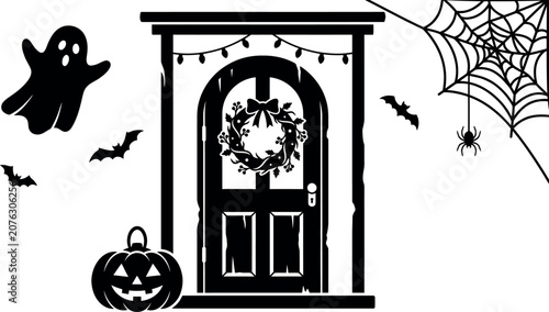 Halloween-themed vector illustration of a spooky door with pumpkins and bats in black and white