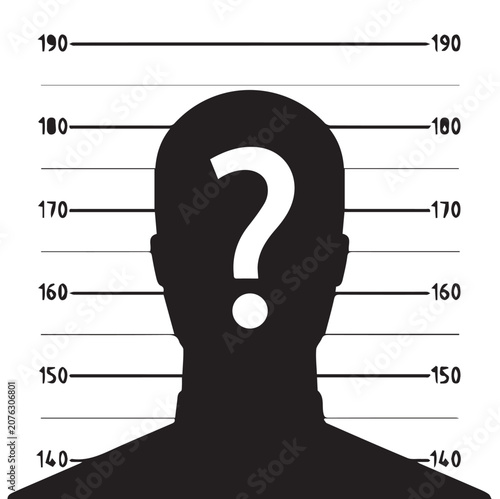 Mugshot silhouette with question mark head.