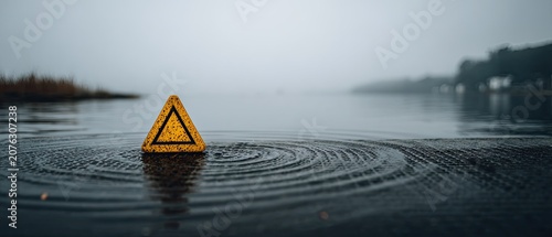 A yellow hazard triangle sign floats in rippling dark water near shore