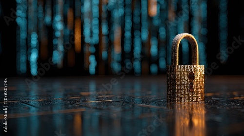 A metallic padlock on a reflective surface with a digital matrix background