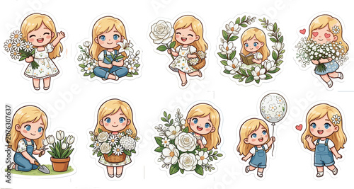 Konstfotografi Cute Cartoon Chibi Girl Sticker Set Featuring Little Blonde Girl with Flowers, G