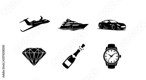 Bilde på lerret Luxury Lifestyle Icons: Private Jet, Yacht, Sports Car, Diamond, Champagne, Watc