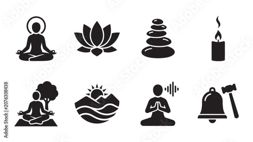 Set of yoga meditation and wellness black icons.