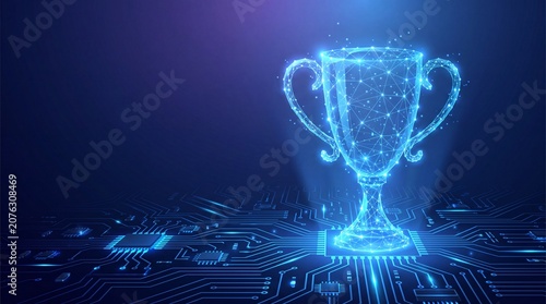 Futuristic digital trophy glowing with blue light on dark background, high-tech award concept