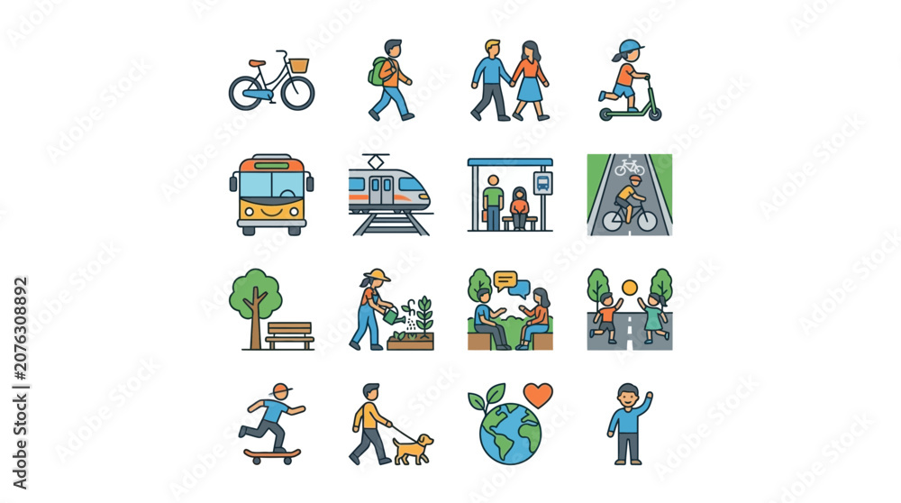 Fototapeta premium Urban Sustainable Transportation and Green Lifestyle Icons Set