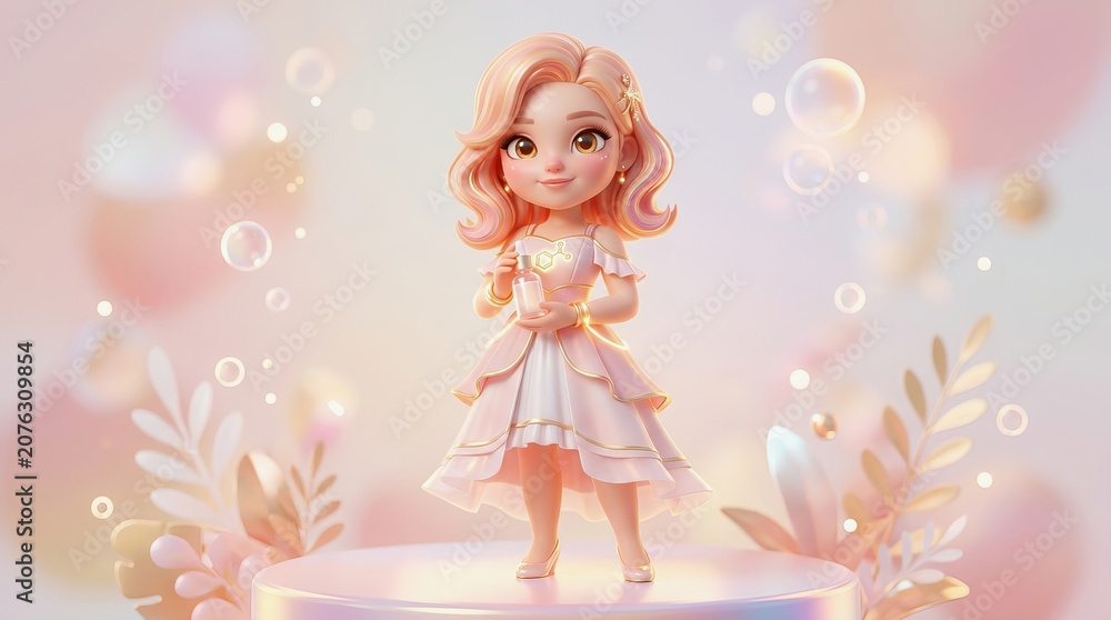 Fototapeta premium Cute animated girl with pink hair standing on a glowing platform surrounded by bubbles and soft floral decorations in pastel tones