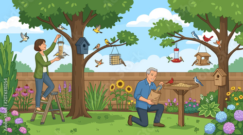 A woman on a ladder and a man kneeling in a sunny backyard garden, feeding various colorful wild birds with feeders and seeds. A cheerful, nature-themed illustration for conservation.