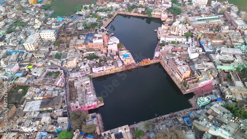 Drone flight along the western side around the sacred lakes Radha Kunda and Shyama Kunda in Govardhana, Vrindavan