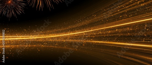 Golden Light Streaks and Fireworks on Black Background
