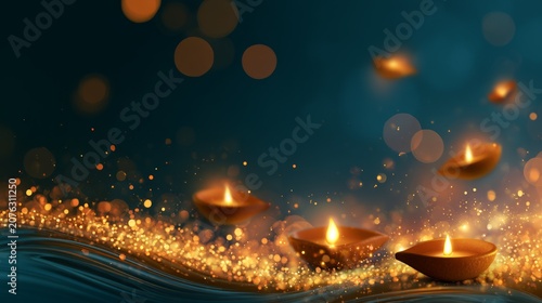 Diwali Lamps Floating on Water with Golden Sparkles