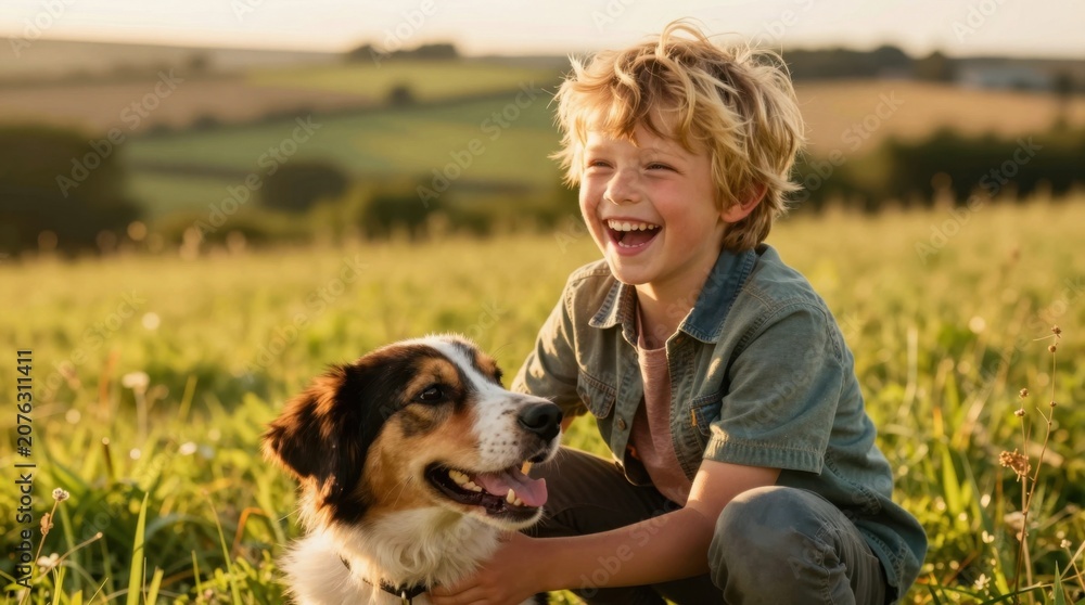 Obraz premium Young boy and dog laughing together in grassy field at sunset