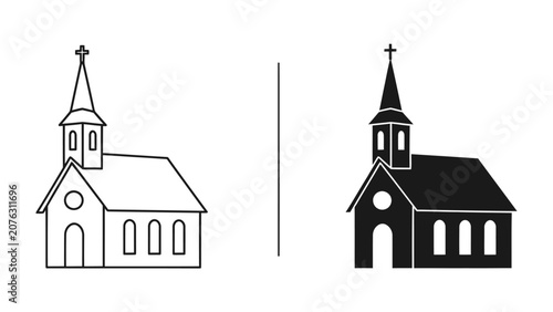 Bild auf Leinwand Church Icon: A simple graphic design showcasing a church in both line art and silhouette form, representing religious architecture and places of worship