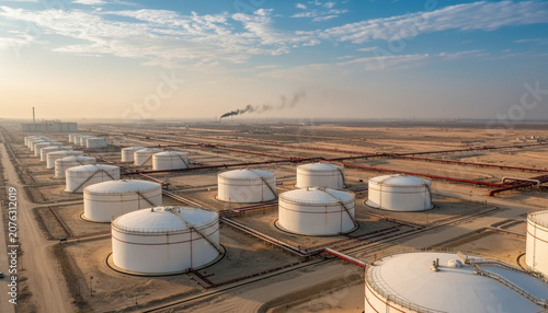Panoramic desert refinery complex in Saudi Arabia with endless pipelines