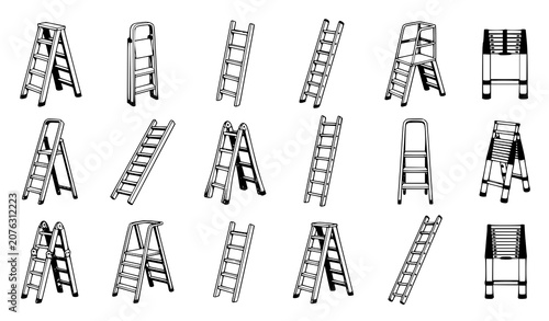 Quadro su tela White ladder vector set step extension folding and telescopic ladder illustratio