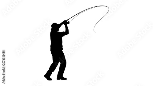 Tableau sur toile Silhouette of a Fly Fisherman Casting: A solitary figure is captured in a dramatic silhouette, expertly casting a fishing rod with a curved line against a clean backdrop