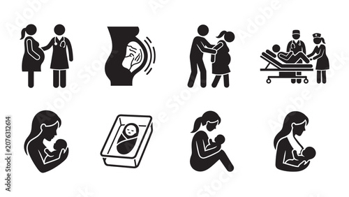 Set of maternity and newborn baby black glyph icons.