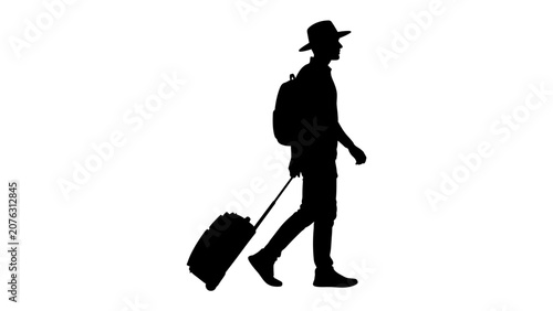 Cuadro en lienzo Silhouette of a Traveler: A lone traveler, silhouetted against a bright background, walks with a rolling suitcase and backpack, ready for an adventure