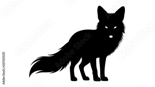 Fotografie Silhouette of a Sly Fox: A striking black silhouette of a fox stands alert, its bushy tail fanned out, conveying a sense of cunning and mystery