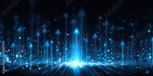 Glowing blue arrows ascend from a luminous base against a dark background