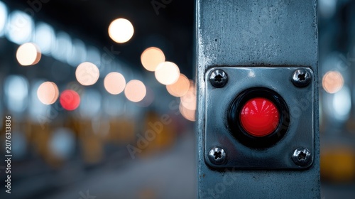 Close-up of a prominent red button on a metal post, blurred station lights in background