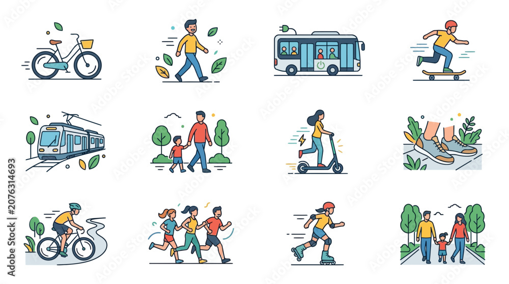 Fototapeta premium Flat Illustrations of Eco-friendly Urban Mobility and Outdoor Activities