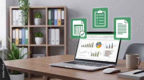 A laptop on a wooden desk displays colorful charts and graphs in a spreadsheet program, symbolizing data analysis and productivity. Green icons above the screen represent documents, spreadsheets.