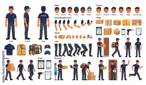 Courier delivery character creator with body parts poses and animation vector set