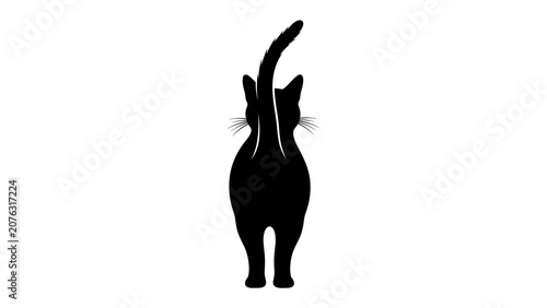 Foto Black Cat Silhouette: A striking silhouette of a black cat with its tail raised high, captured from behind, showcasing its sleek form and playful posture