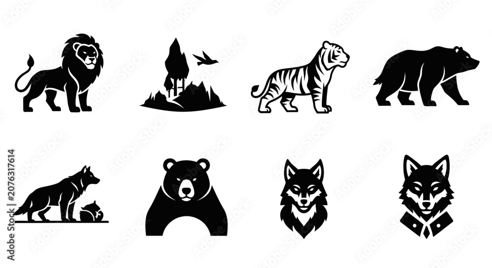 Naklejka premium Wild Animals Silhouette Collection: Lion, Tiger, Bear, Wolf, Fox