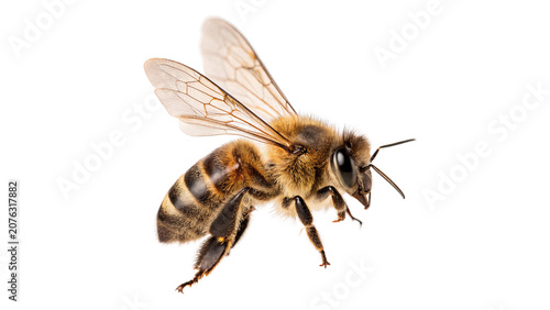 Single honey bee flying with spread wings isolated on a transparent background wildlife element