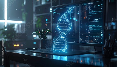 Digital DNA helix on computer screen in modern science lab.