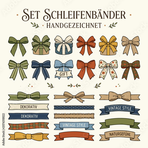 Foto A collection of hand drawn decorative ribbons and gift bows set