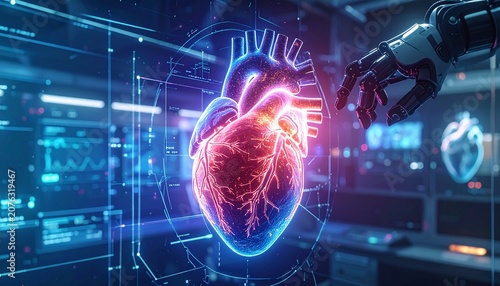 Futuristic AI robot examining a glowing digital human heart in a high-tech lab.