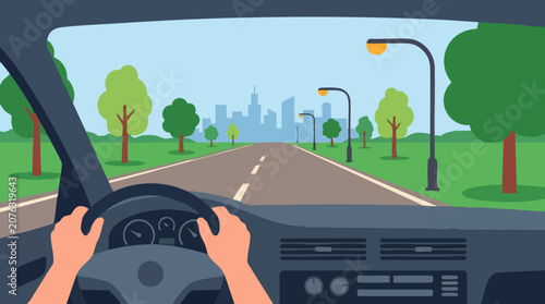 Photos First-person view of hands on steering wheel driving on road towards city skylin