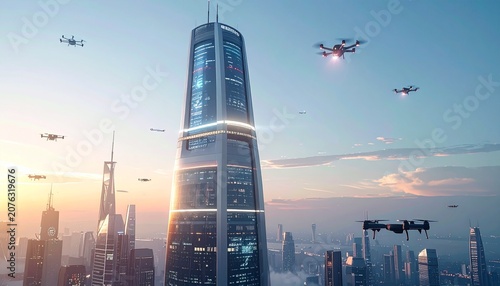 Futuristic Cityscape with Drones and Modern Skyscraper at Sunset.