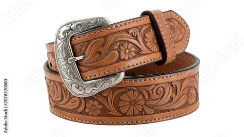 Fényképezés Classic brown carved leather belt with silver buckle isolated on a transparent b