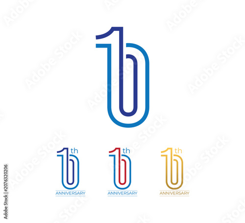 Modern monoline 10th anniversary logo collection featuring blue, red, and gold color variations. Clean line art vector design suitable for corporate milestones, business celebrations, jubilee events