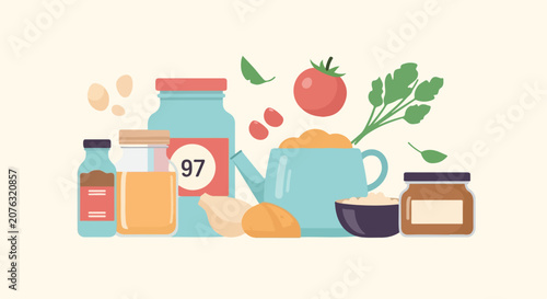Foto A charming flat vector illustration of kitchen ingredients, jars, and utensils arranged in a neat composition against a pale cream background