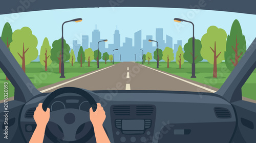 Driver's view from inside a car on a road with green park and city skyline