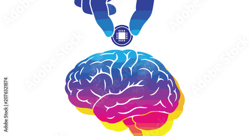 Hand dropping a coin with microchip design onto a colorful brain illustration, symbolizing investment in artificial intelligence or knowledge.