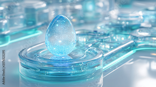 Luminous blue glass egg prototype on advanced laboratory automated technological platform