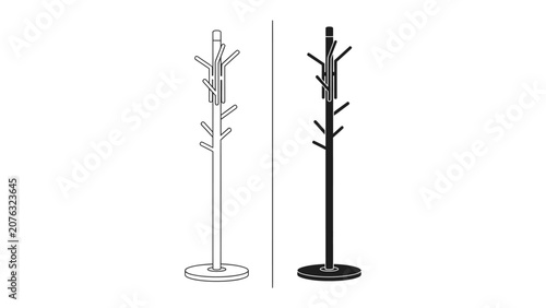 Foto Coat Rack Duo: A stylized representation showcasing two coat racks, one in a line drawing outline and the other in a solid black silhouette, highlighting form and function