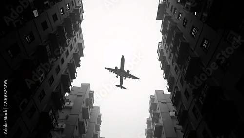 Monochrome low-angle shot: plane silhouette flying between high residential buildings