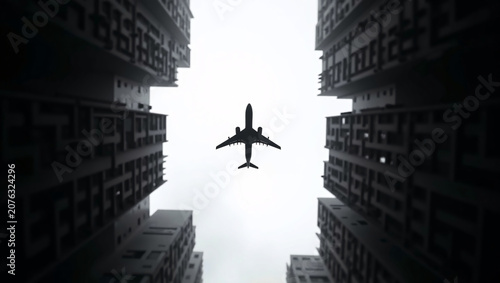 Black plane silhouette centered between dark high-rise buildings, low-angle monochrome shot