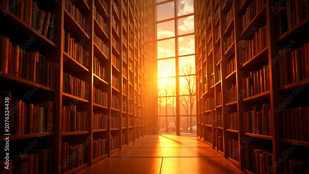 Fototapeta premium Tall library bookshelves frame glowing sunset floor-to-ceiling window