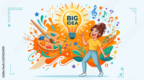 Creative woman pointing at lightbulb with brain icon inside for inspiration concept