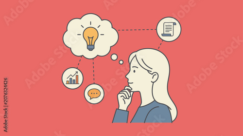 Woman thinking about business strategy with workflow icons and lightbulb idea