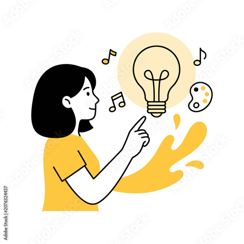 Artistic inspiration concept vector with flat outline girl finding creative thinking solutions
