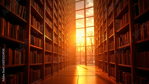 Tall library bookshelves frame glowing sunset floor-to-ceiling window