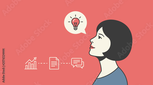 Woman thinking about business strategy with workflow icons and lightbulb idea